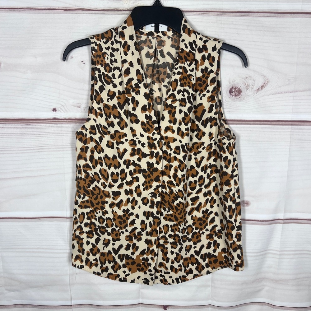 Babaton Blouse Womens Small Brown Leopard Print Sleeveless V-Neck Top Office